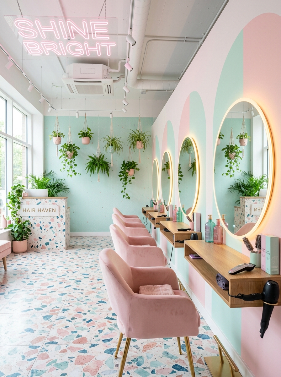 Blick in den hellen Salon mit Pflanzen
