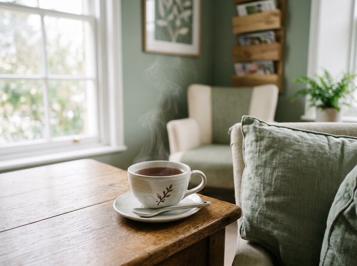 Tasse heißer Kräutertee auf einem Holztisch