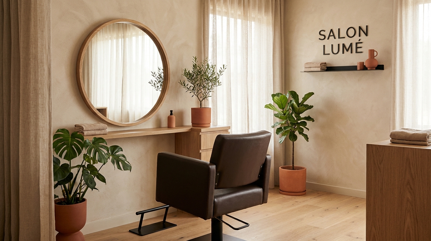 Warmer, heller Salonraum mit rundem Spiegel, Stylingstuhl und Terrakotta-Akzenten im Salon Lumé
