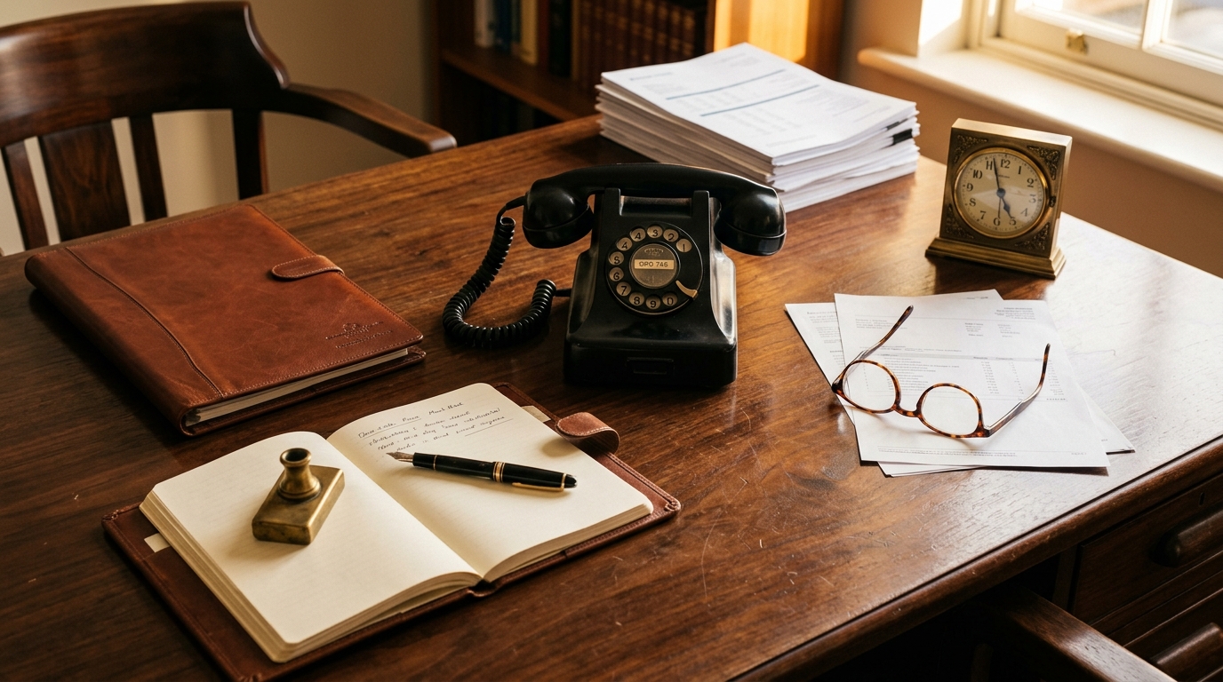 Klassischer Schreibtisch mit Telefon und Notizbuch